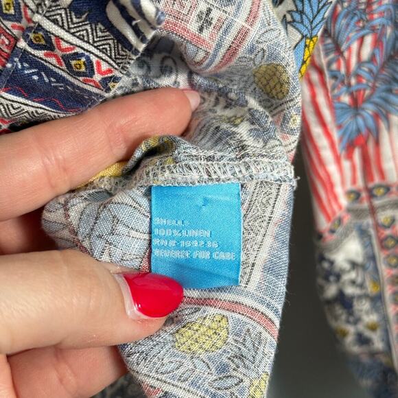 J. McLaughlin Linen Shirt L Tropical Pineapple Print Resort Beachwear Flaws - Picture 3 of 5